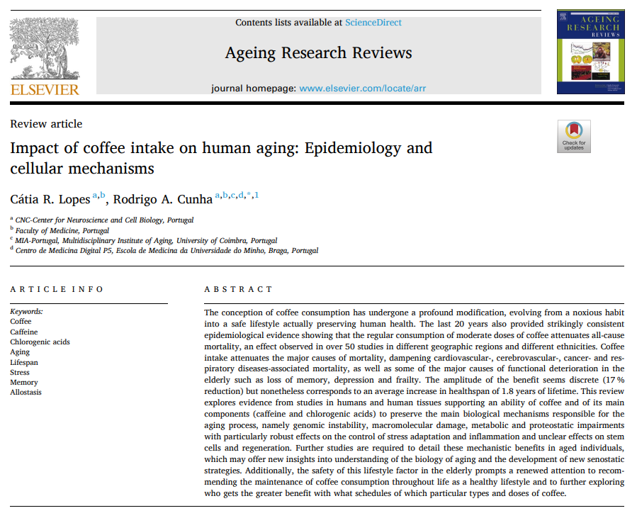 First page of the review on coffee and human aging in Ageing Research Reviews