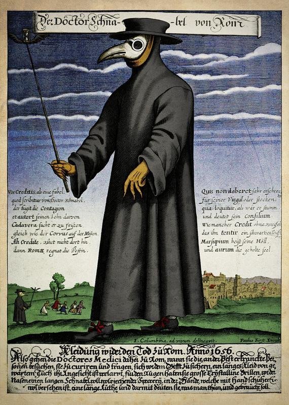 A 17th-century engraving of a plague doctor in a beaked mask, long coat and wide hat, holding a stick