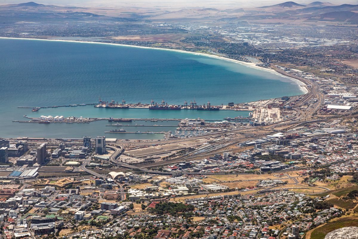 Cape Town harbour and city seen from the top of Table Mountain